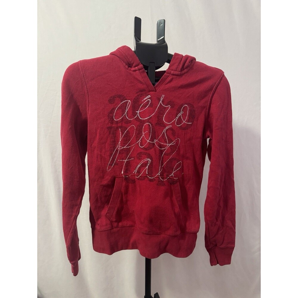 Aeropostale Red Rhinestone Print Script Hoodie Women's M Y2K‎ Pullover V Neck